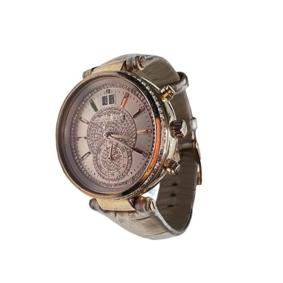Michael Kors MK Watch Rose Gold Rhinestone CZ Chronograph Leather New Battery - Picture 1 of 12